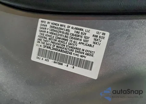 2010 Honda Odyssey Exl from USA, damaged, VIN 5FNRL3H65AB040246